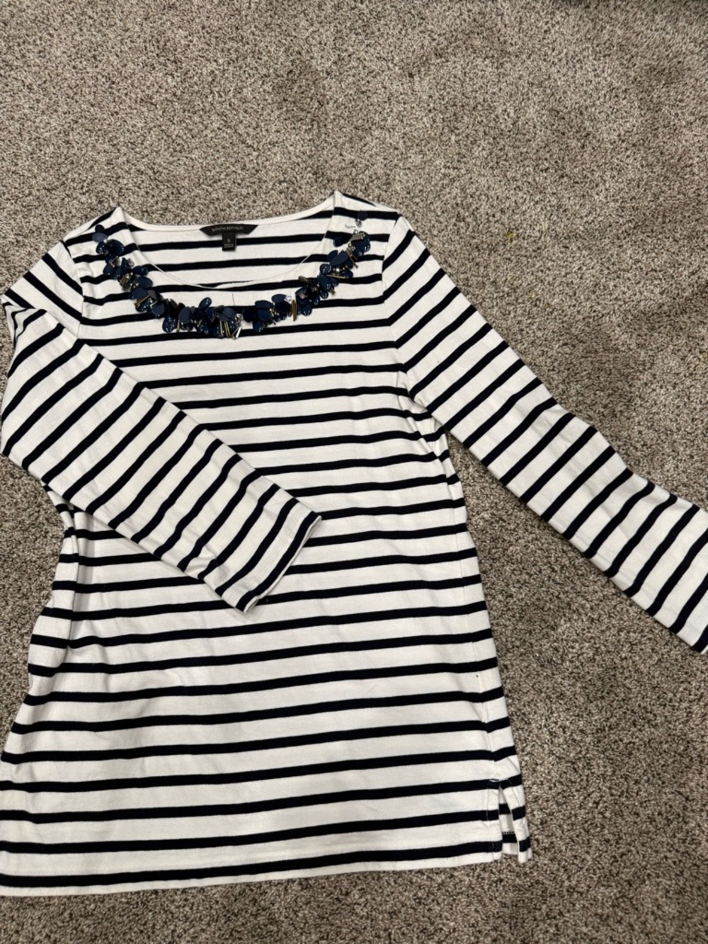 Banana Republic White and Navy Striped Tunic with Embellished Neckline